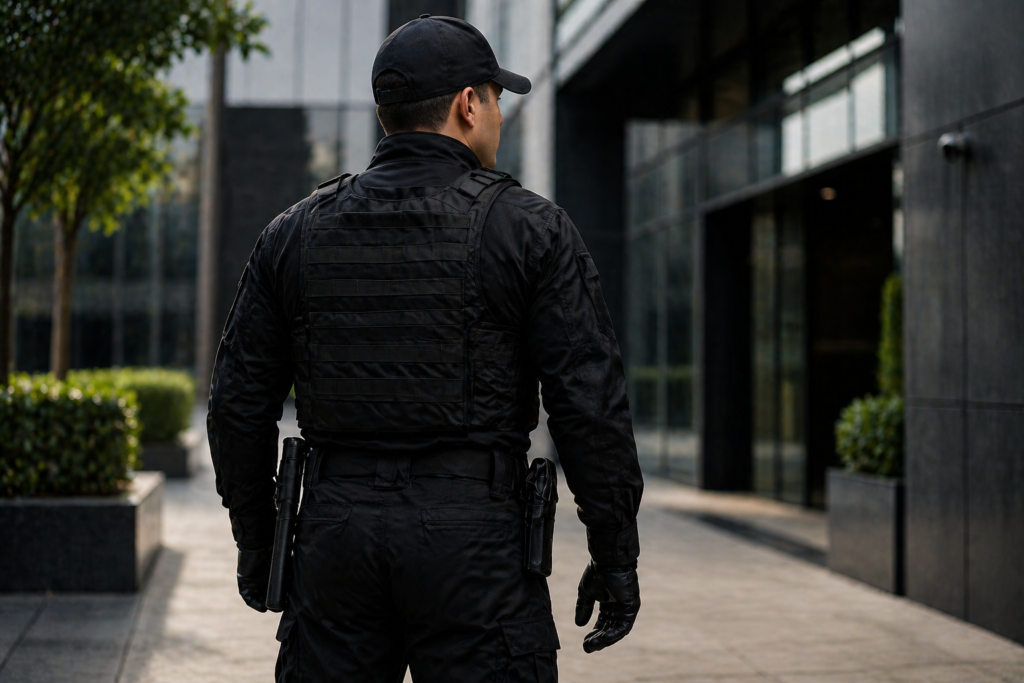 empresa de seguridad en CDMX con CUSAEM vigilando corporativo con guardia táctico negro