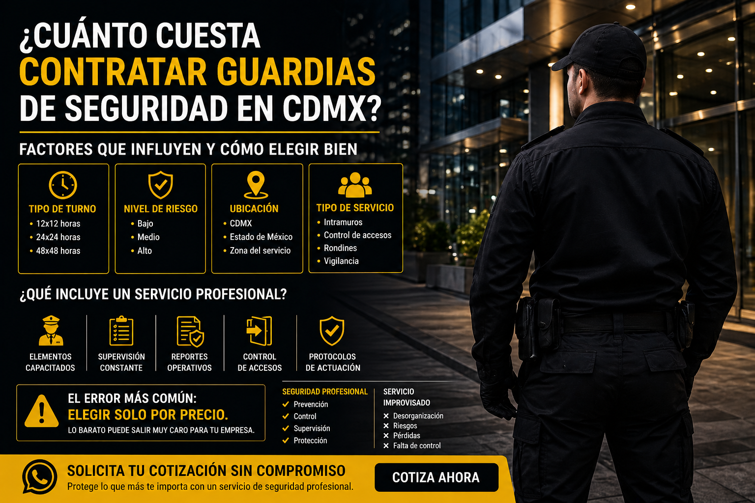 guardia de seguridad profesional en uniforme negro vigilando edificio corporativo en CDMX durante la noche