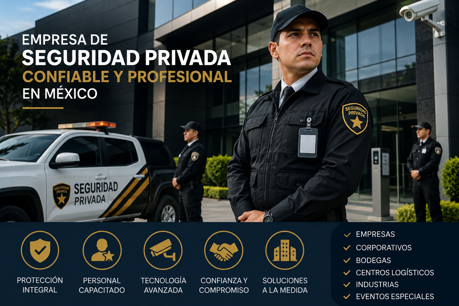 Personal de seguridad profesional resguardando instalaciones empresariales con protocolos de vigilancia y protección en México.