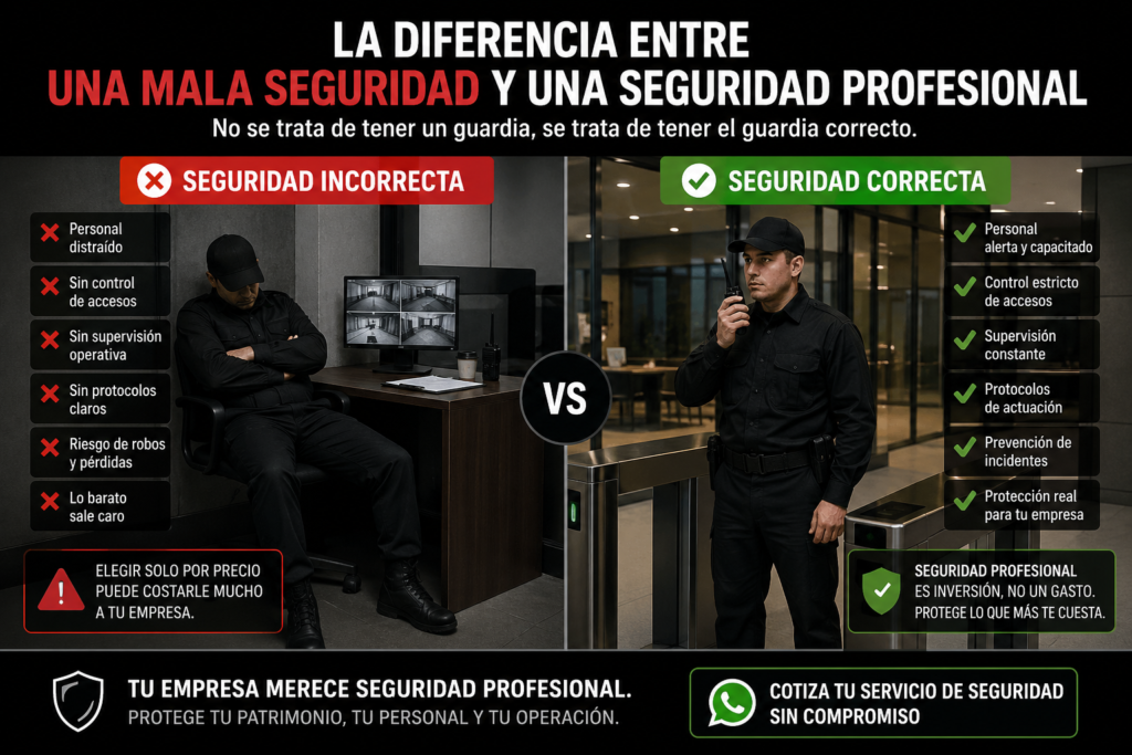 comparación entre seguridad incorrecta y seguridad profesional en cdmx con guardia en uniforme negro vigilando empresa