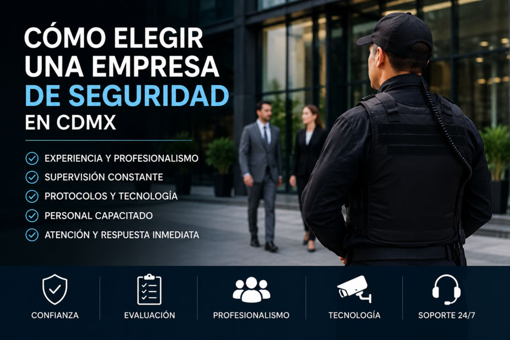 Guardia de seguridad profesional realizando vigilancia en corporativo empresarial moderno en Ciudad de México.