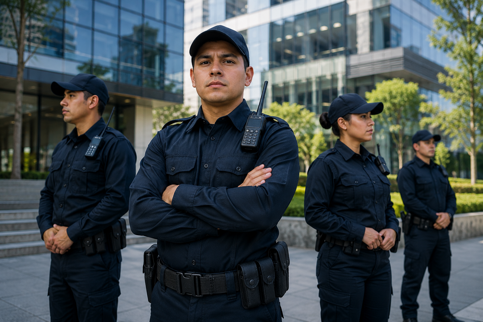 Policías auxiliares resguardando corporativo moderno en CDMX, brindando seguridad y vigilancia empresarial profesional.