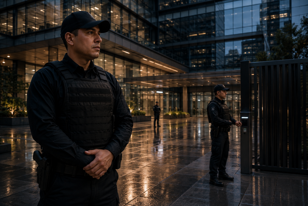 elementos de seguridad institucional resguardando corporativo moderno en CDMX