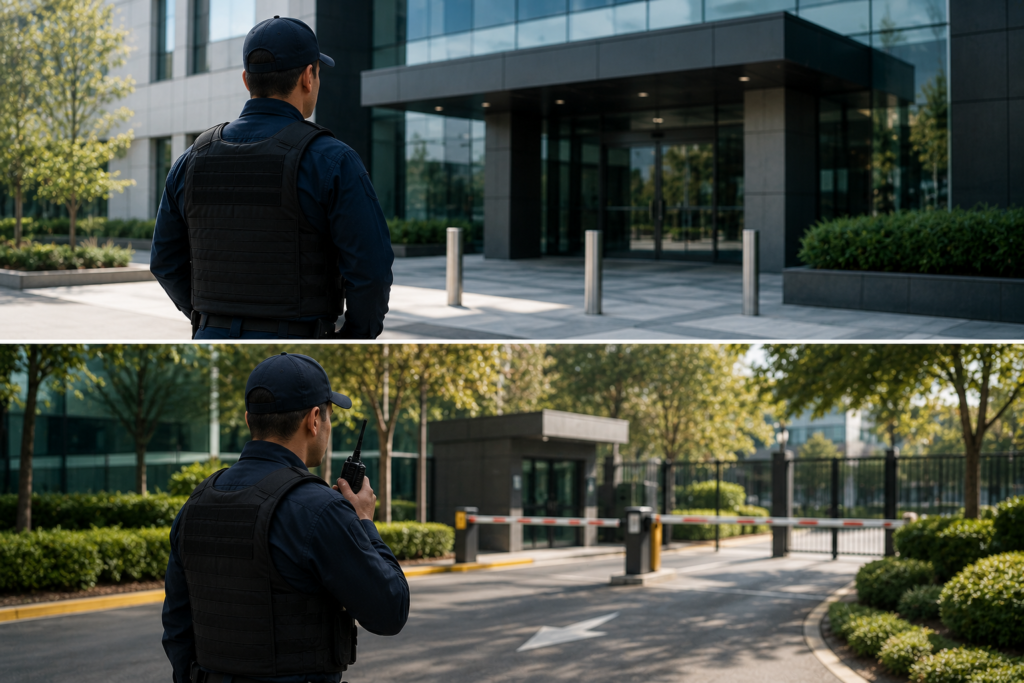 Guardia de seguridad profesional realizando vigilancia empresarial en acceso corporativo moderno en CDMX.