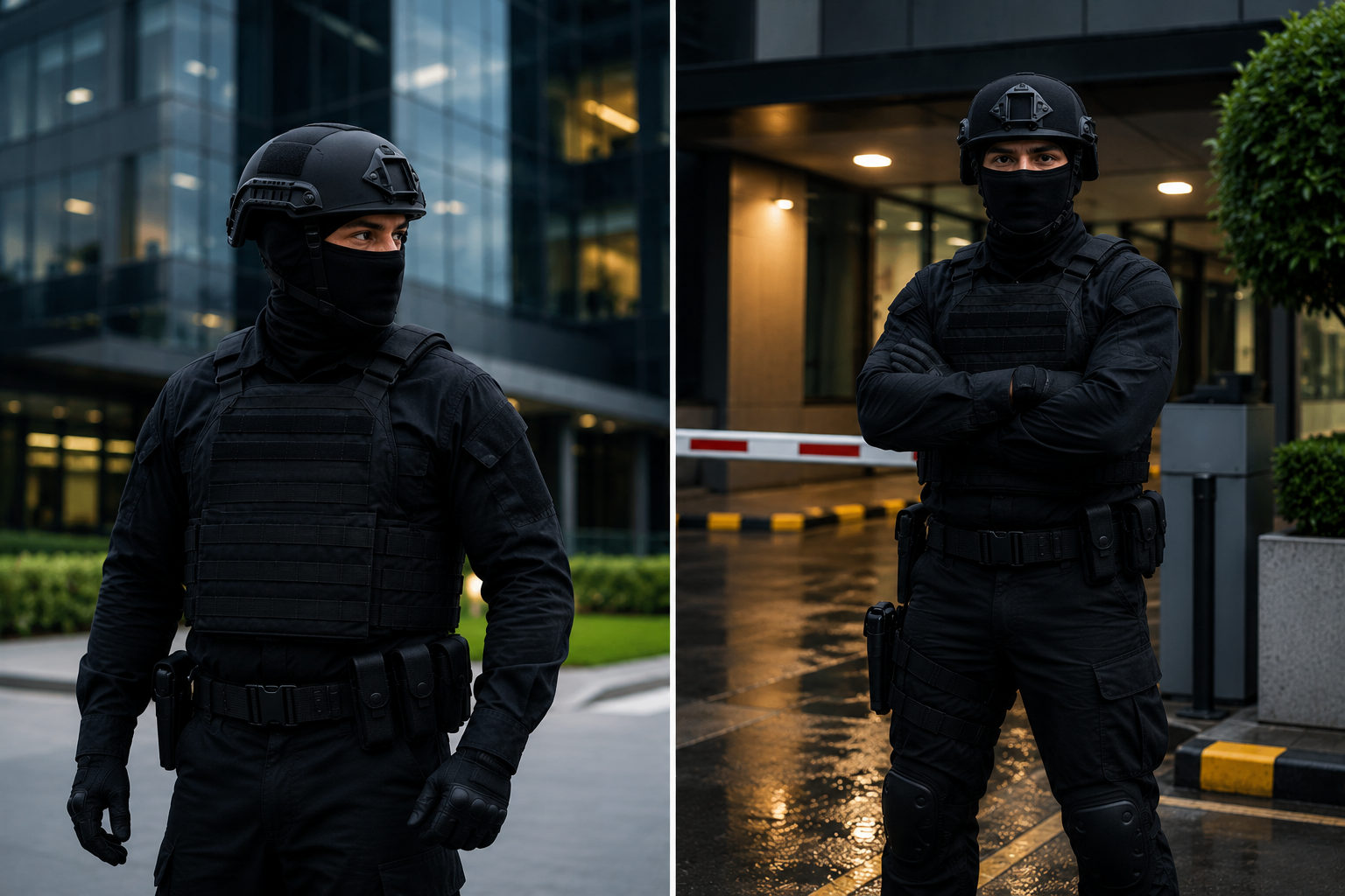 Policía auxiliar realizando labores de vigilancia y protección en corporativo empresarial de la Ciudad de México