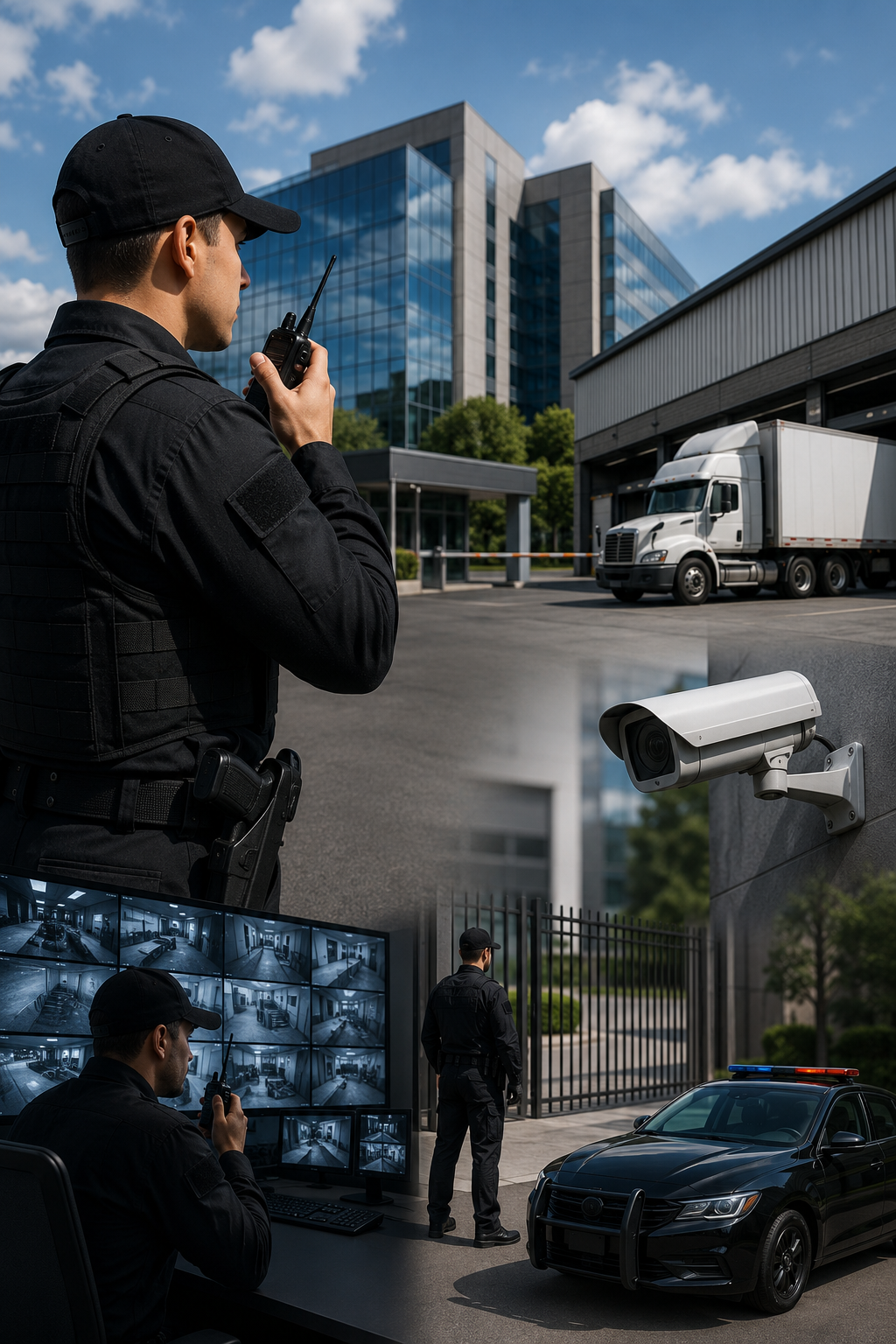 Guardia de seguridad profesional supervisando un corporativo y un centro logístico con sistema de videovigilancia y control de accesos en CDMX.