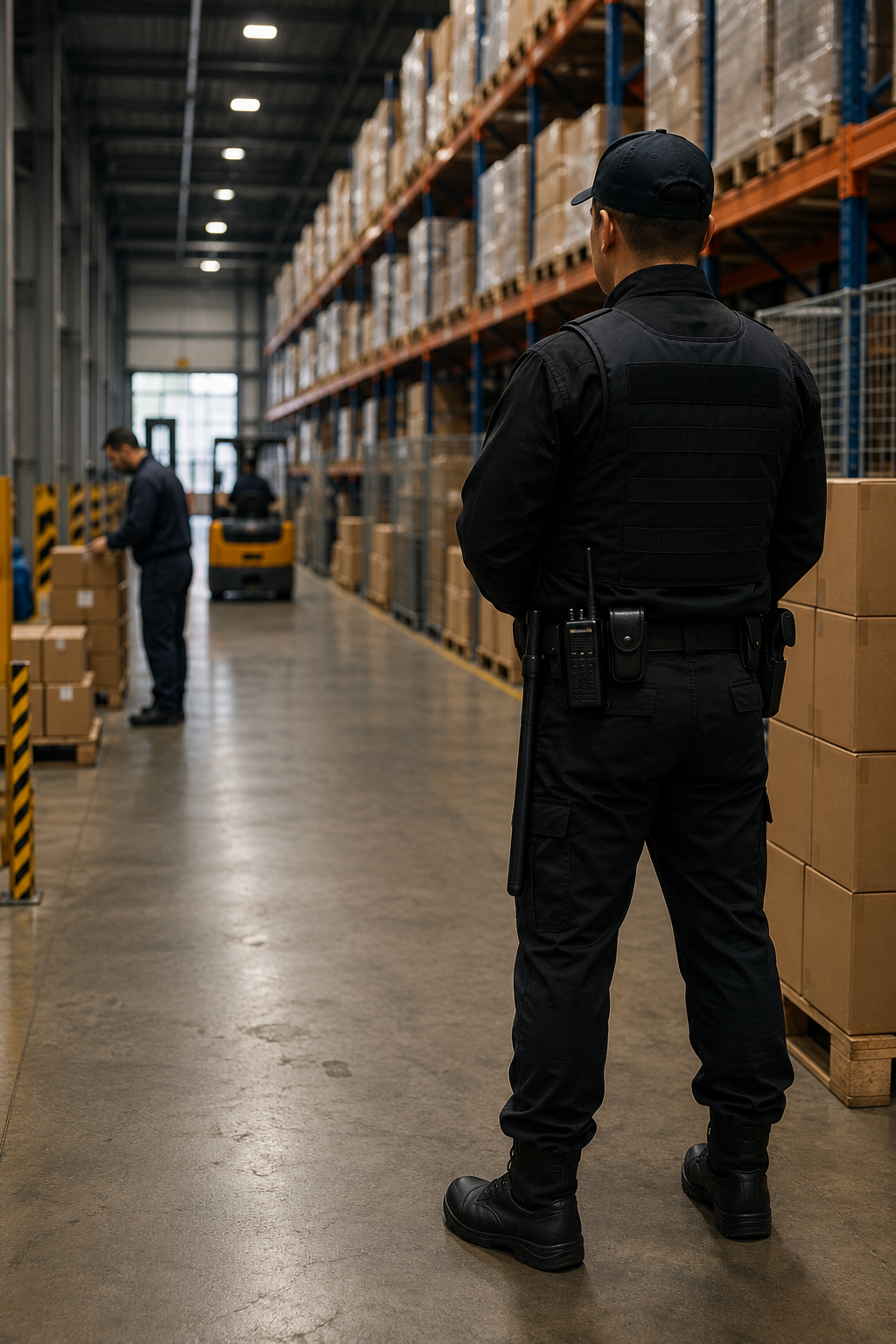 Guardia de seguridad realizando vigilancia preventiva en una bodega para prevenir el robo hormiga en empresas y centros logísticos.