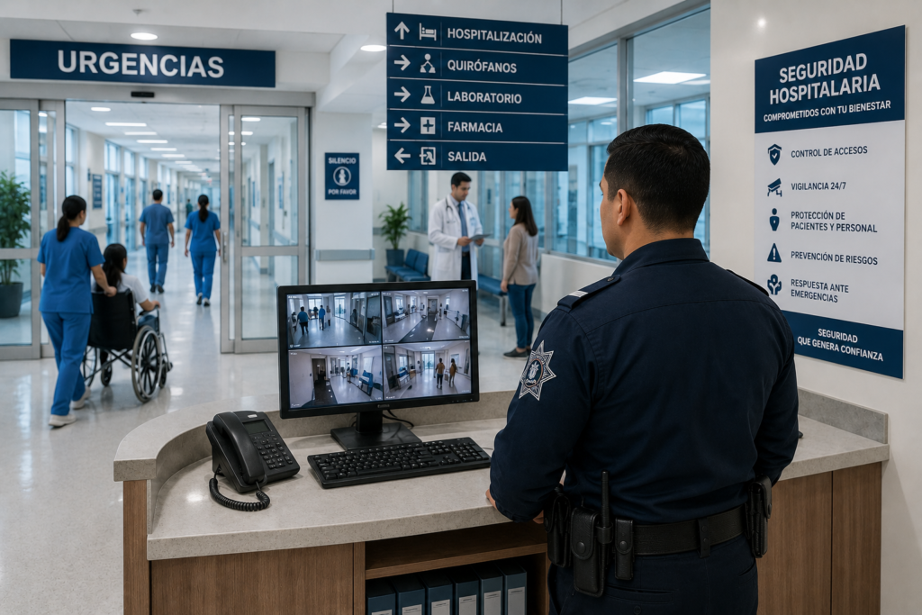 Guardia de seguridad de la Policía Auxiliar CUSAEM supervisando el acceso y la vigilancia en un hospital.