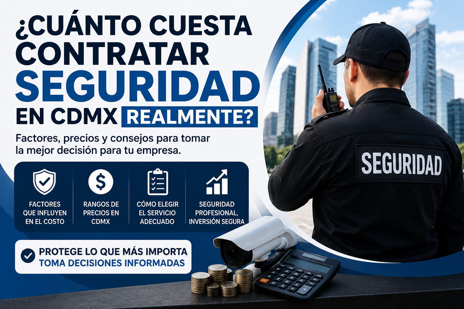 Guardia de seguridad profesional en corporativo de CDMX mostrando los factores que influyen en el costo de contratar servicios de seguridad privada.