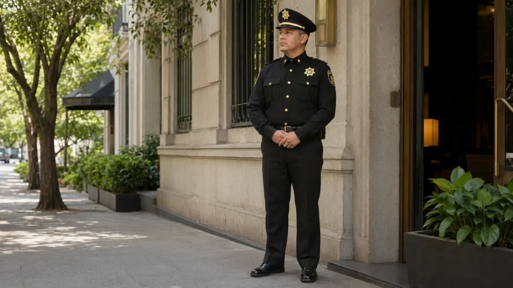 Guardia de seguridad con uniforme negro brindando vigilancia en Roma y Condesa CDMX