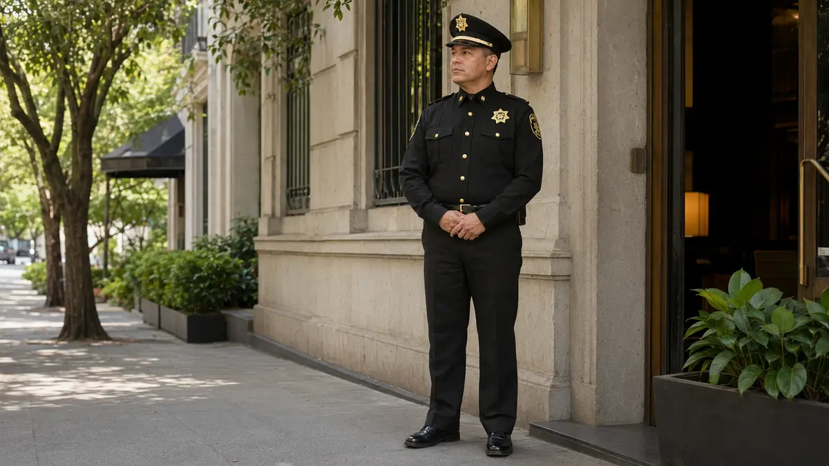 Guardia de seguridad con uniforme negro brindando vigilancia en Roma y Condesa CDMX